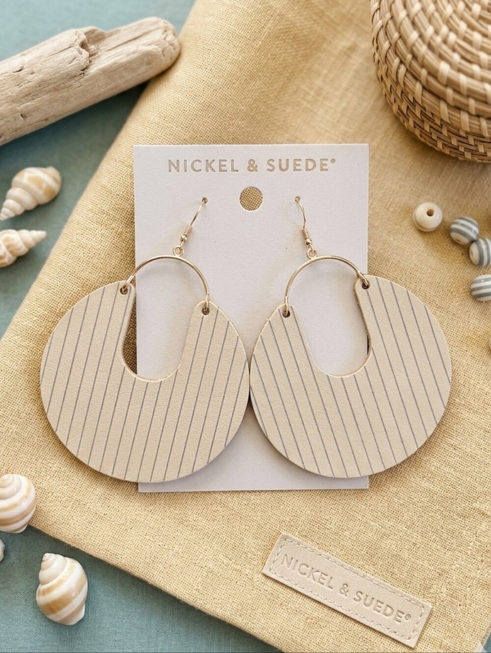 NEW Nickel & Suede Cream Striped Hoop Earrings